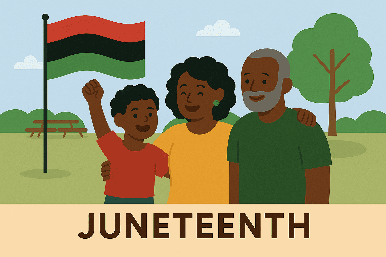 tchoa-juneteenth2 Flat illustration of three Black neighbors—a child, woman, and older man—smiling together in a park with a Pan-African flag flying behind them, celebrating Juneteenth.