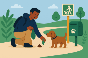 Flat illustration of a man cleaning up after his brown dog on a park trail, holding a green waste bag beside a pet waste bin and dog-walking sign, surrounded by greenery.