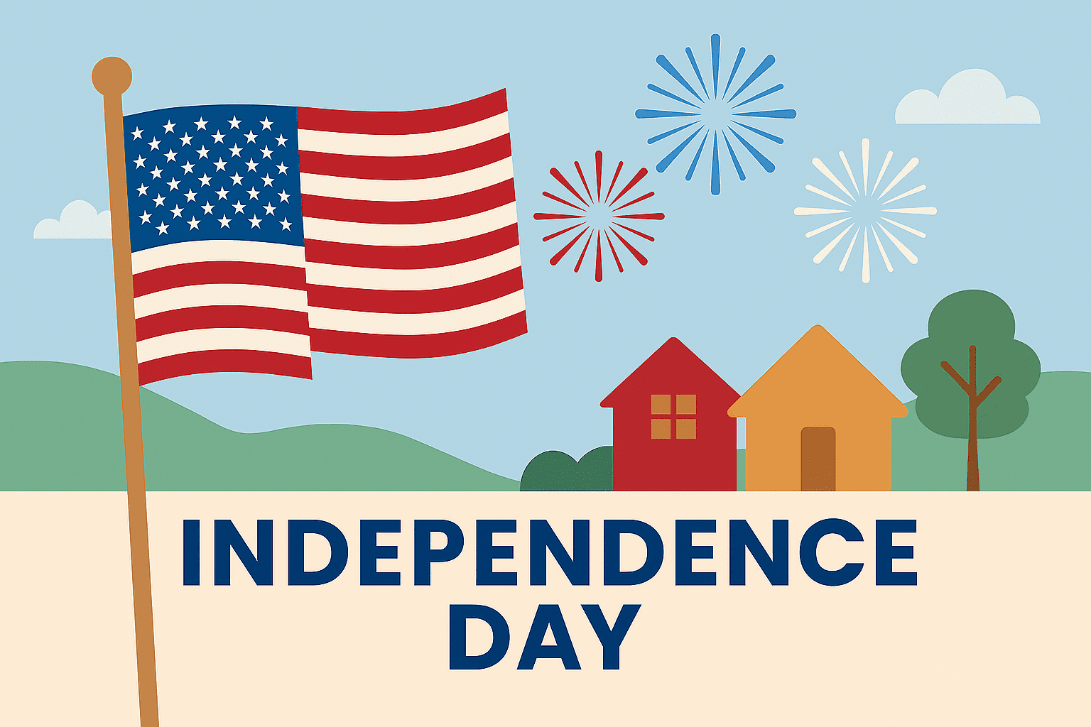 tchoa-indepdendce-day Flat landscape illustration of an American flag waving in front of neighborhood houses with fireworks in the sky, symbolizing Independence Day in Twin Creeks.