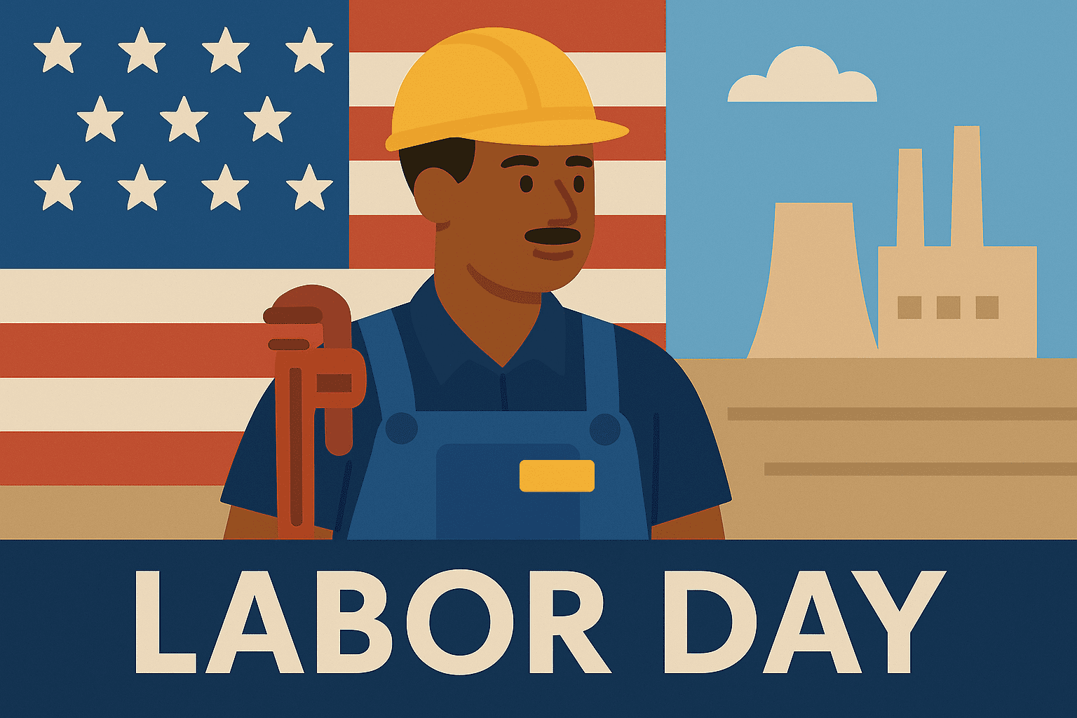 tchoa-labor-day Flat illustration of a construction worker wearing a yellow hard hat and holding a wrench in front of an American flag and factory silhouette, symbolizing Labor Day.
