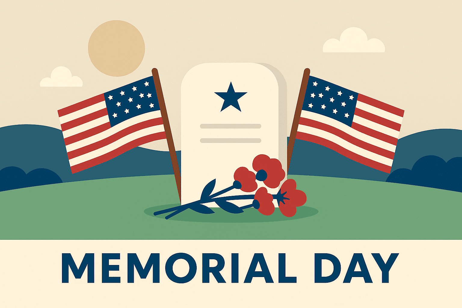 tchoa-memorial-day Flat illustration for Memorial Day featuring a white military gravestone with two American flags and red flowers in front, set against rolling green hills and a soft blue sky
