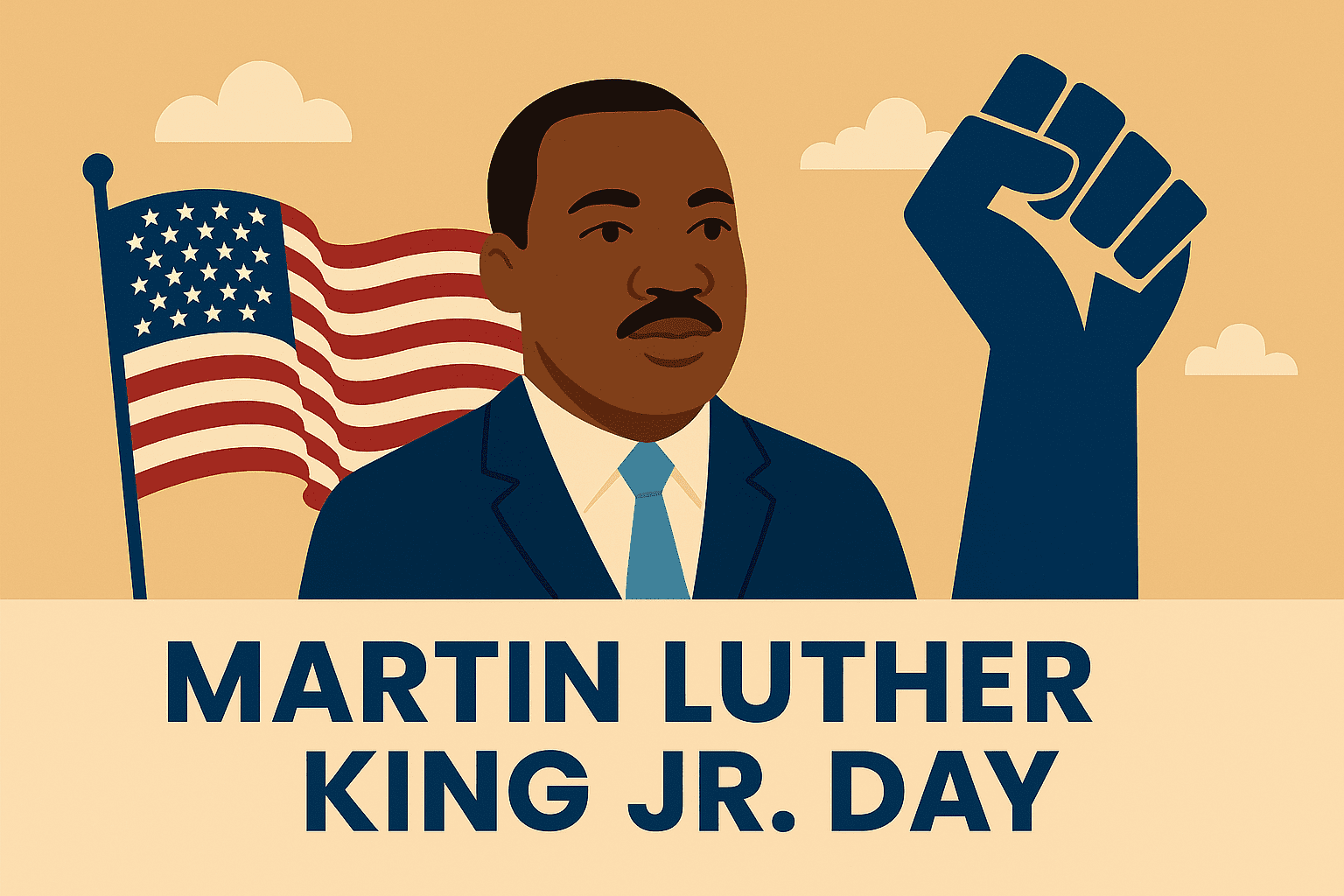 tchoa-mlk-day Flat illustration honoring Martin Luther King Jr. Day featuring Dr. King’s portrait beside an American flag and raised unity fist, with warm neutral tones and bold minimalist design.