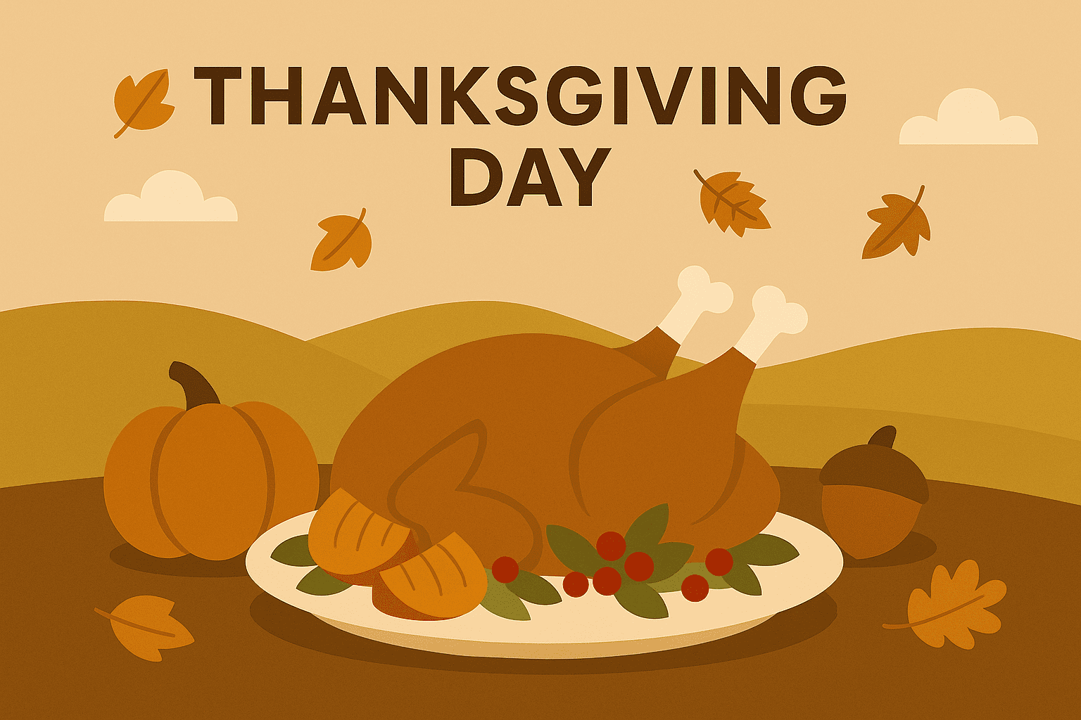 Flat illustration of a roast turkey on a plate with pumpkins, acorns, and falling leaves, symbolizing Thanksgiving Day with warm autumn colors and simple vector shapes.